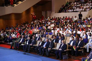 تصاویر حضور روسای جمهور ایران و ونزوئلا در اجتماع دانشجویان و جوانان ونزوئلایی